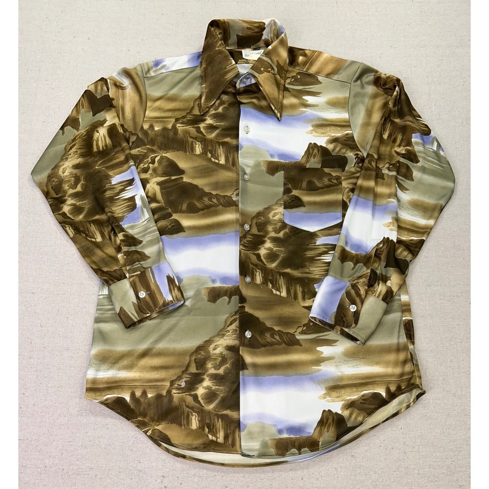 Vintage Dutchmaid Mens 70s Dagger Collar Disco Shirt Canyon Landscape AOP Print